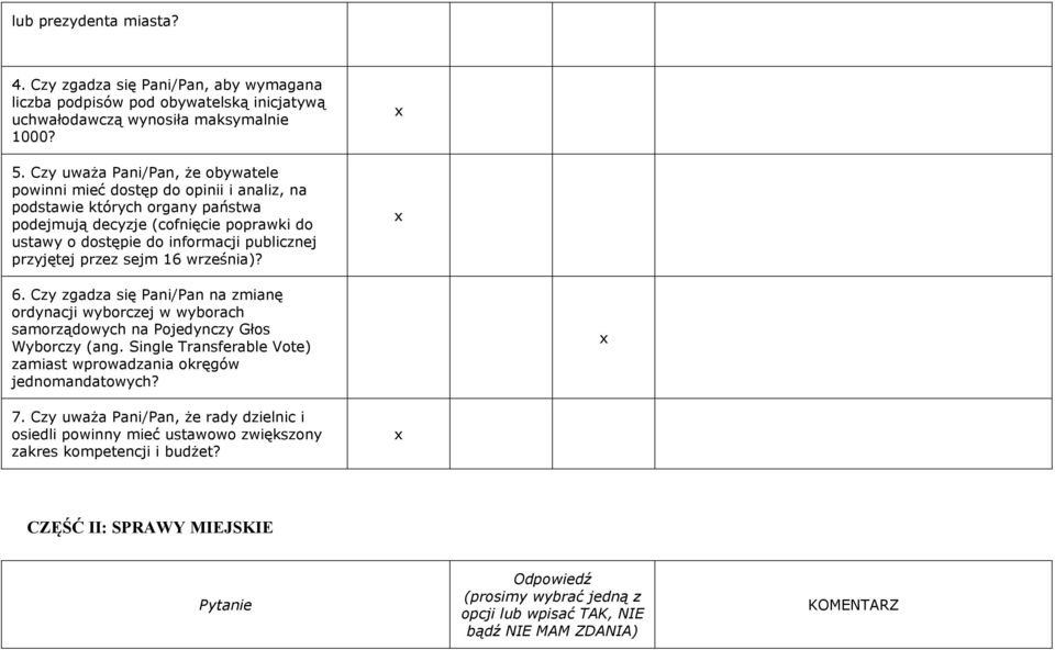 przyjętej przez sejm 16 września)? 6. Czy zgadza się Pani/Pan na zmianę ordynacji wyborczej w wyborach samorządowych na Pojedynczy Głos Wyborczy (ang.