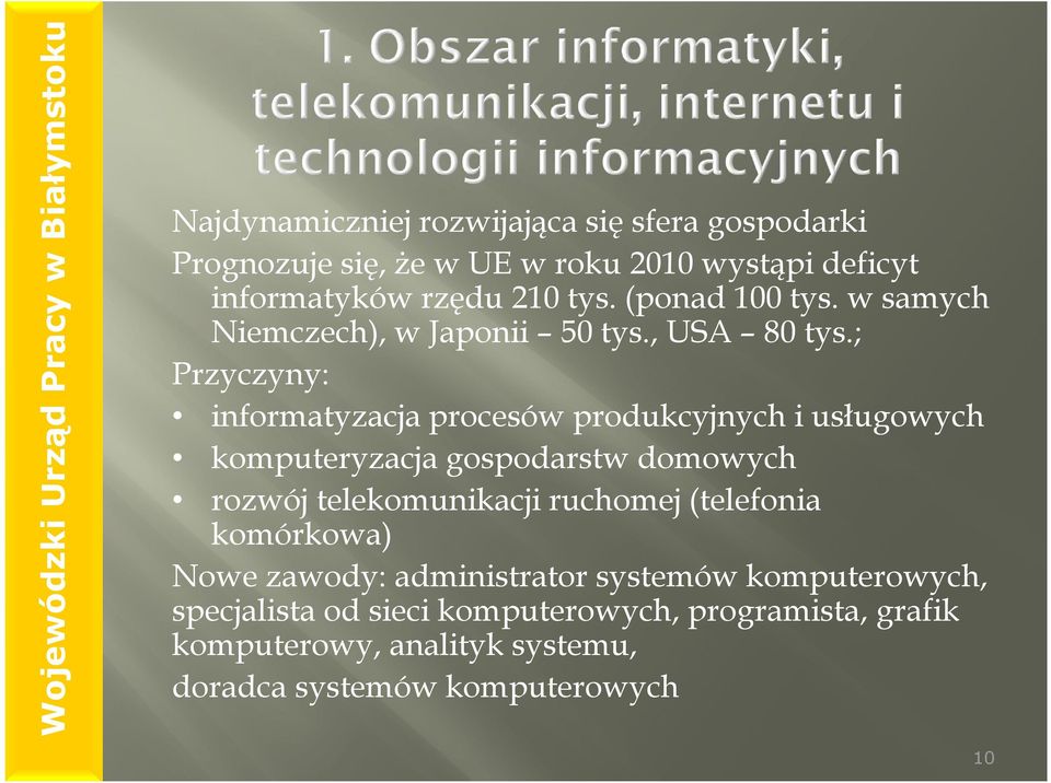 ; Przyczyny: informatyzacja procesów produkcyjnych i usługowych komputeryzacja gospodarstw domowych rozwój telekomunikacji