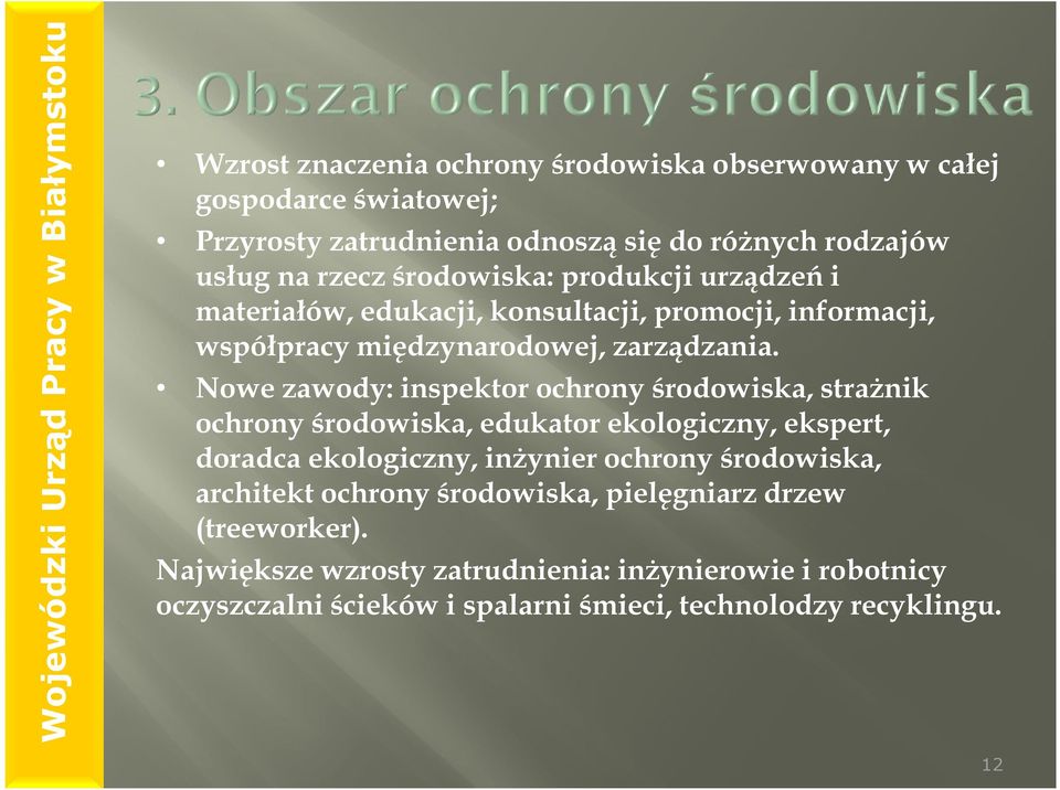 Nowe zawody: inspektor ochrony środowiska, strażnik ochrony środowiska, edukator ekologiczny, ekspert, doradca ekologiczny, inżynier ochrony środowiska,