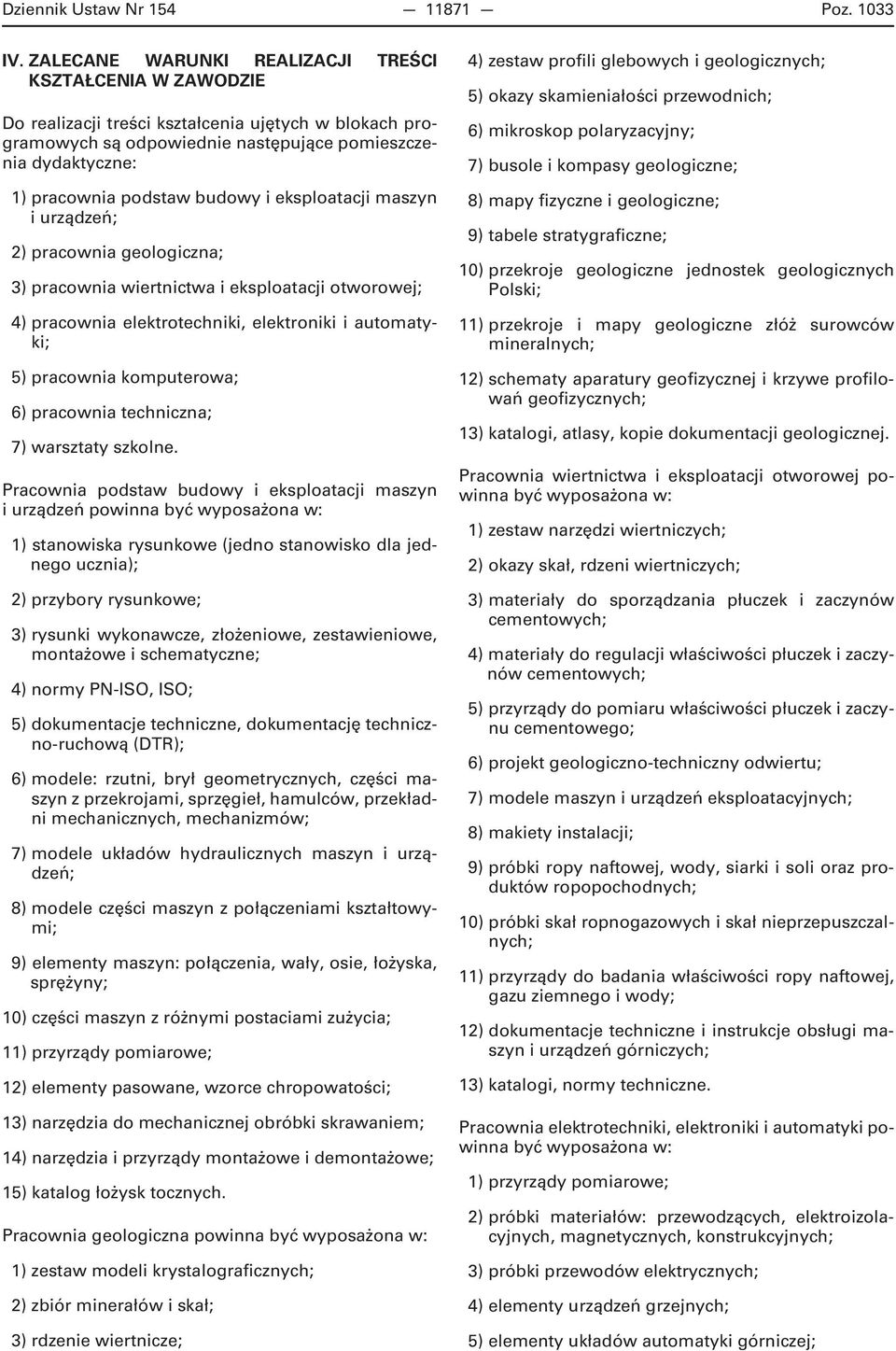 budowy i eksploatacji maszyn i urządzeń; 2) pracownia geologiczna; 3) pracownia wiertnictwa i eksploatacji otworowej; 4) pracownia elektrotechniki, elektroniki i automatyki; 5) pracownia komputerowa;