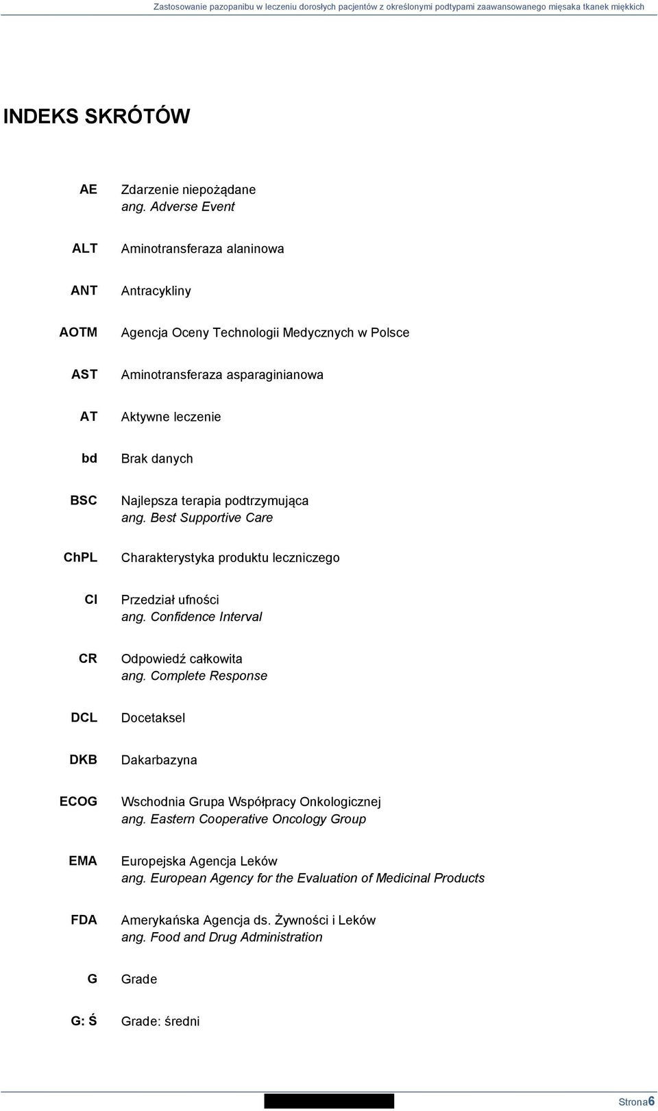 BSC Najlepsza terapia podtrzymująca ang. Best Supportive Care ChPL Charakterystyka produktu leczniczego CI Przedział ufności ang. Confidence Interval CR Odpowiedź całkowita ang.