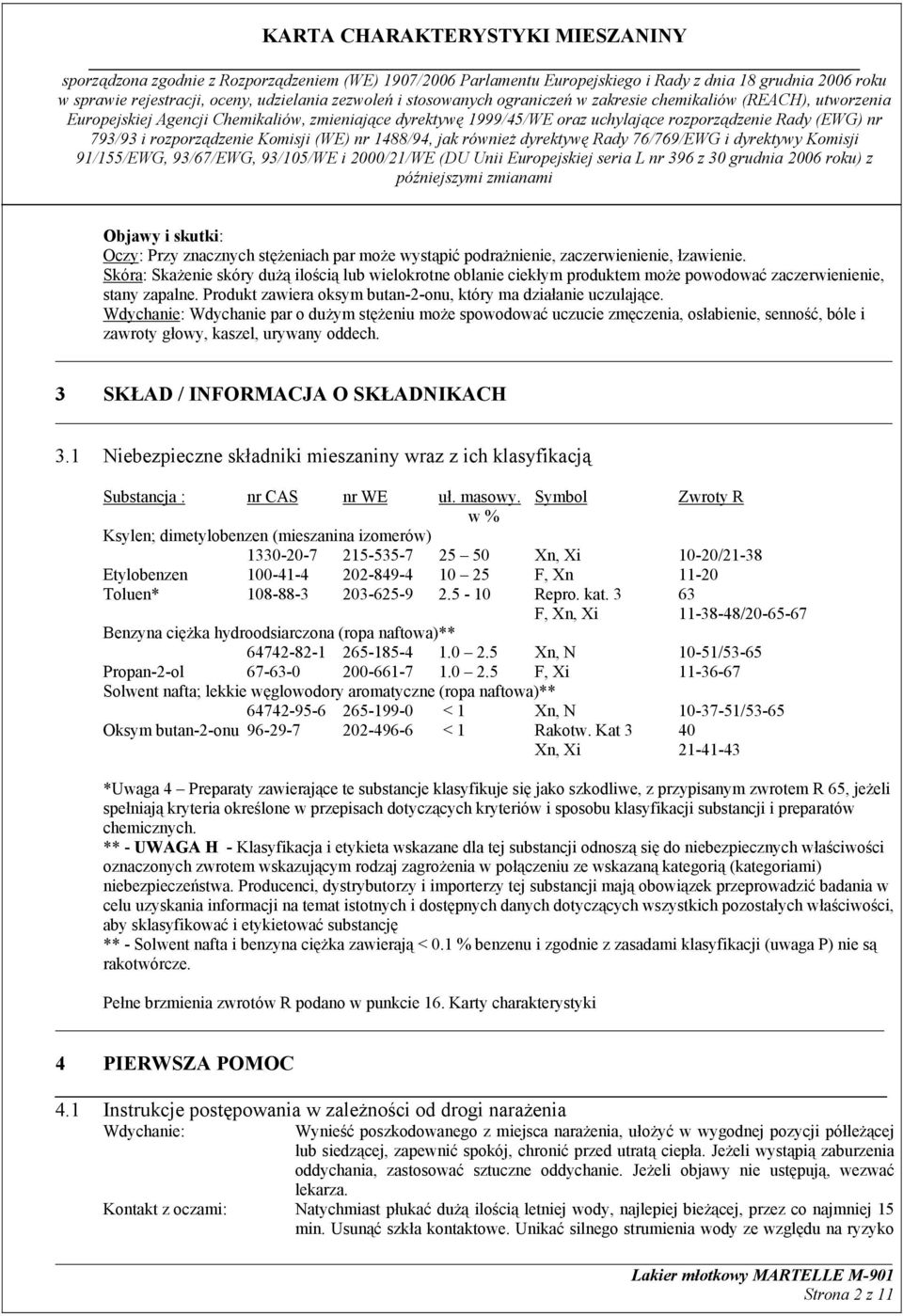 Wdychanie: Wdychanie par o dużym stężeniu może spowodować uczucie zmęczenia, osłabienie, senność, bóle i zawroty głowy, kaszel, urywany oddech. 3 SKŁAD / INFORMACJA O SKŁADNIKACH 3.