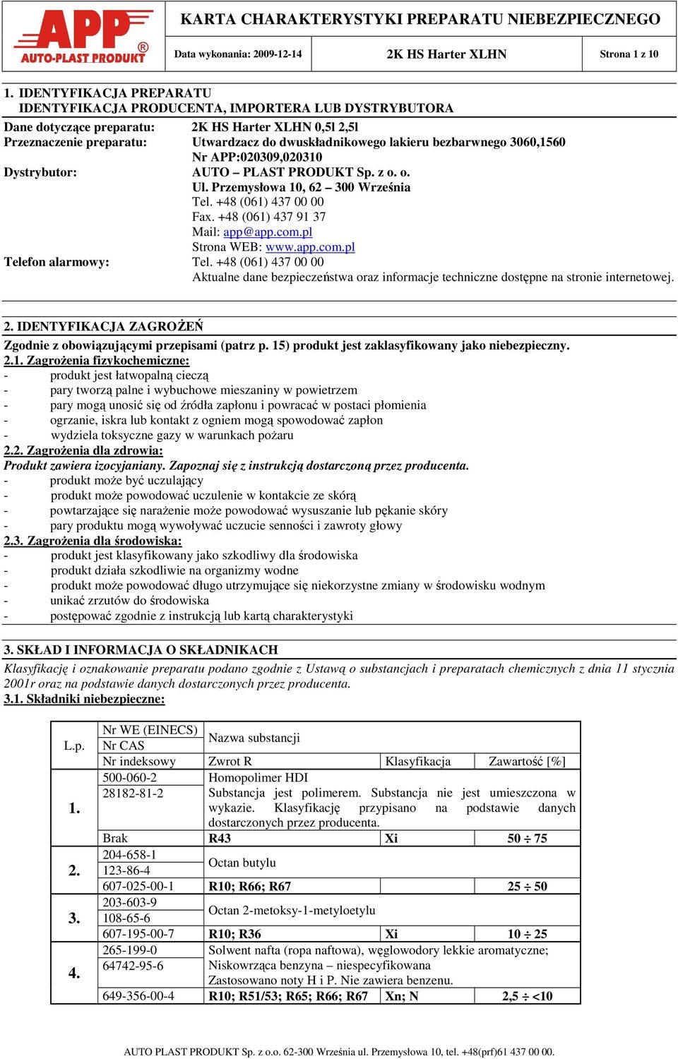 bezbarwnego 3060,1560 Nr APP:020309,020310 Dystrybutor: AUTO PLAST PRODUKT Sp. z o. o. Ul. Przemysłowa 10, 62 300 Września Tel. +48 (061) 437 00 00 Fax. +48 (061) 437 91 37 Mail: app@app.com.
