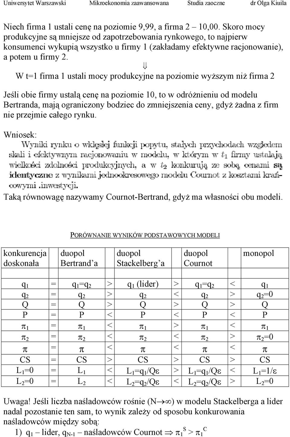 W t=1 firma 1 ustali mocy produkcyjne na poziomie wyższym niż firma 2 Jeśli obie firmy ustalą cenę na poziomie 10, to w odróżnieniu od modelu Bertranda, mają ograniczony bodziec do zmniejszenia ceny,