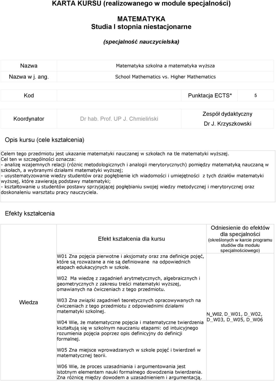 Krzyszkowski Opis kursu (cele kształcenia) Celem tego przedmiotu jest ukazanie matematyki nauczanej w szkołach na tle matematyki wyższej.