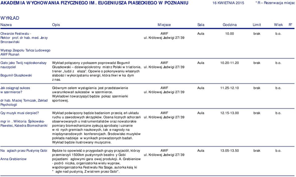 00 Występ Zespołu Tańca Ludowego Poznań Ciało jako Twój najdoskonalszy nauczyciel Bogumił Głuszkowski Wykład połączony z pokazem poprowadzi Bogumił Głuszkowski dziewięciokrotny mistrz Polski w