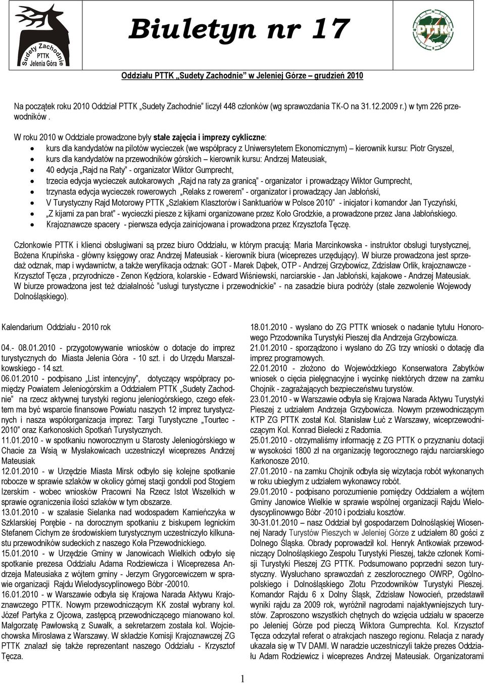 W roku 2010 w Oddziale prowadzone były stałe zajęcia i imprezy cykliczne: kurs dla kandydatów na pilotów wycieczek (we współpracy z Uniwersytetem Ekonomicznym) kierownik kursu: Piotr Gryszel, kurs