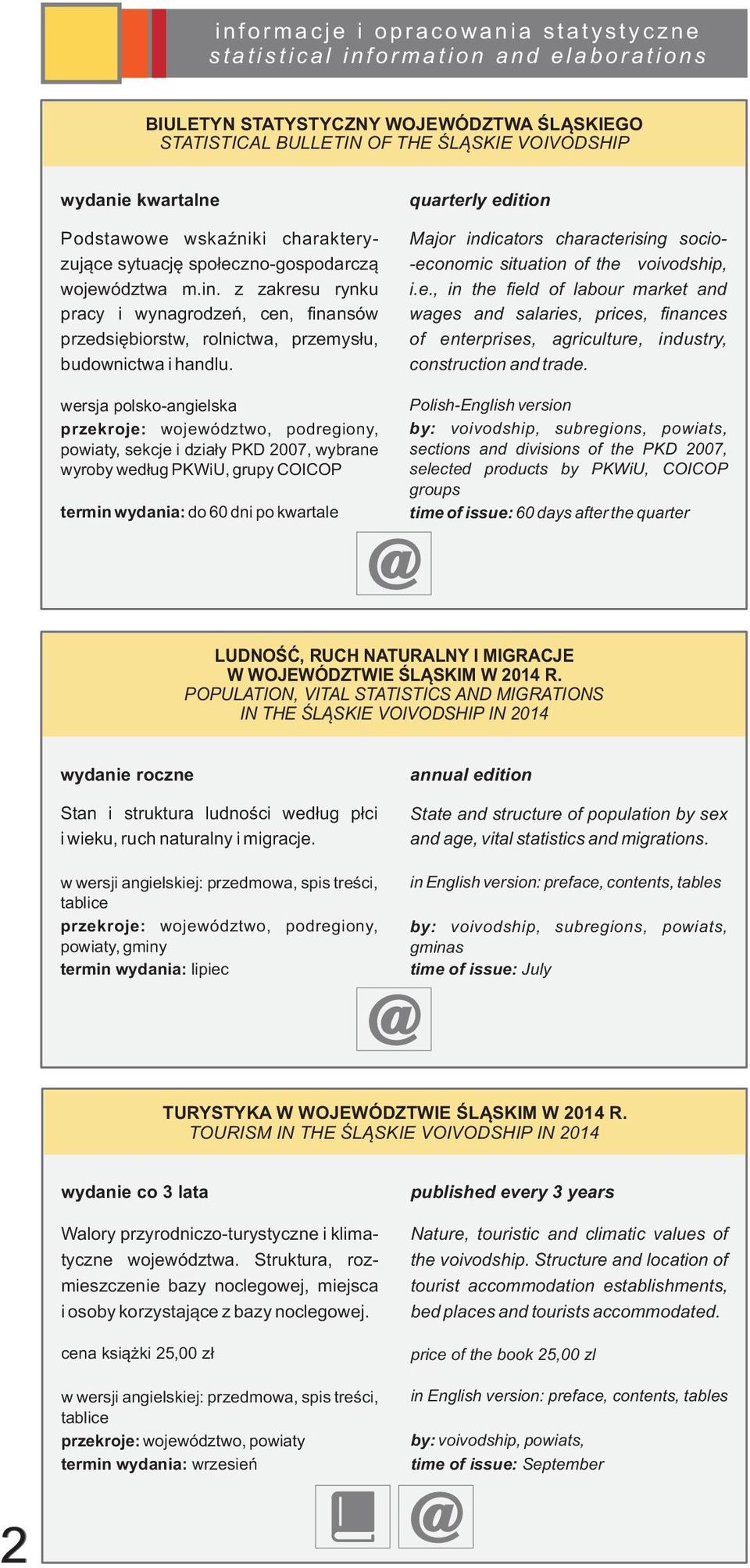 quarterly edition Major indicators characterising socio- -economic situation of the voivodship, i.e., in the field of labour market and wages and salaries, prices, finances of enterprises, agriculture, industry, construction and trade.