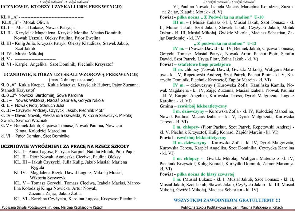 IV - Musiał Mikołaj kl. V - --------------------------- kl. VI - Karpiel Angelika, Szot Dominik, Piechnik Krzysztof UCZNIOWIE, KTÓRZY UZYSKALI WZOROWĄ FREKWENCJĘ (max. 2 dni opuszczone) KL.