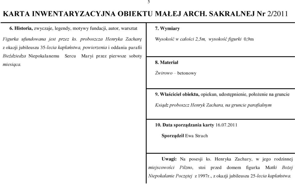 Wymiary Wysokość w całości 2,5m, wysokość figurki 0,9m 8. Materiał Żwirowo betonowy 9.