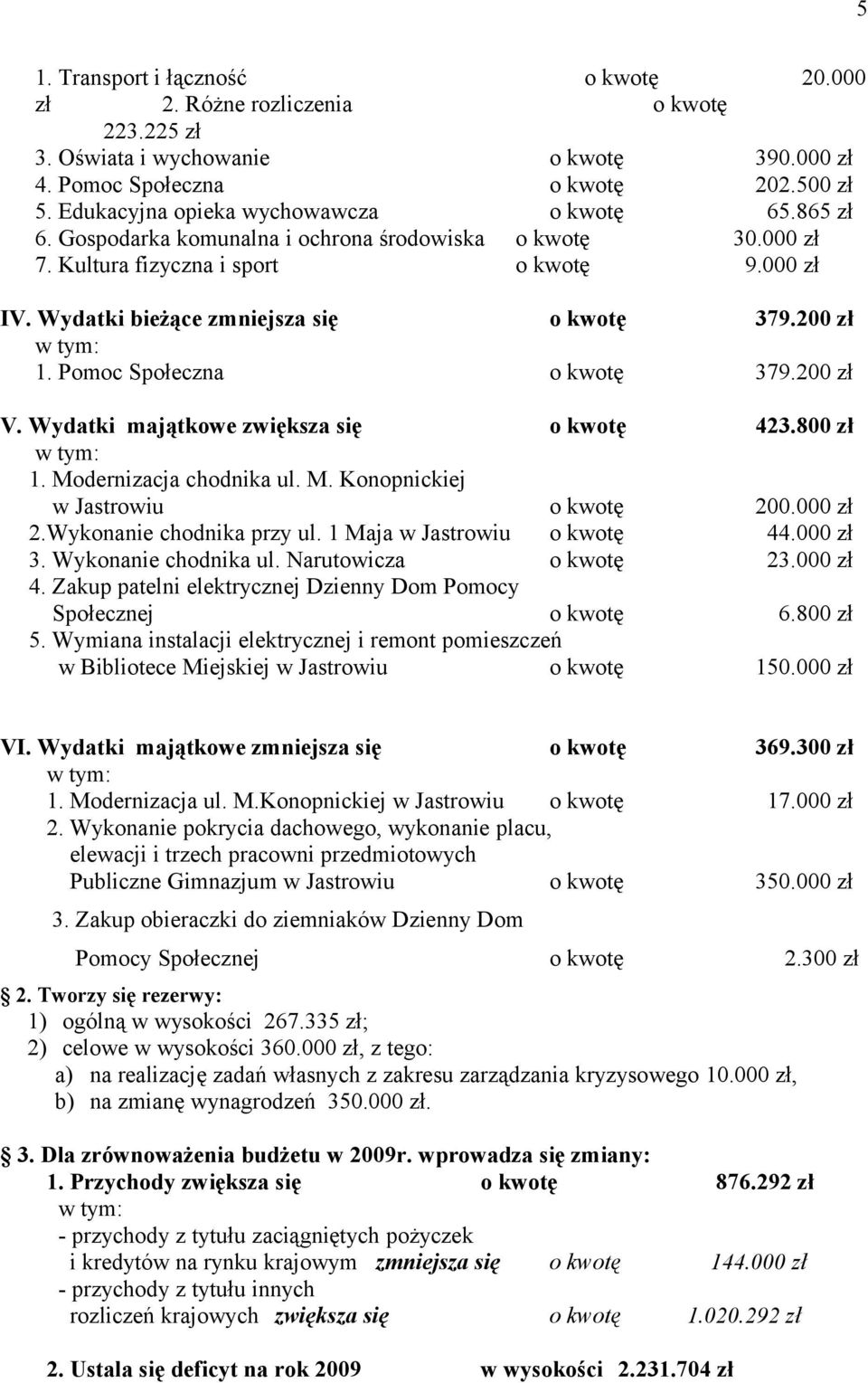Wydatki bieżące zmniejsza się o kwotę 379.200 zł 1. Pomoc Społeczna o kwotę 379.200 zł V. Wydatki majątkowe zwiększa się o kwotę 423.800 zł 1. Modernizacja chodnika ul. M. Konopnickiej w Jastrowiu o kwotę 200.