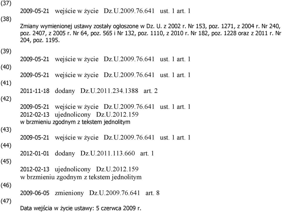 1 2009-05-21 wejście w życie Dz.U.2009.76.641 ust. 1 art. 1 2011-11-18 dodany Dz.U.2011.234.1388 art. 2 2009-05-21 wejście w życie Dz.U.2009.76.641 ust. 1 art. 1 2012-