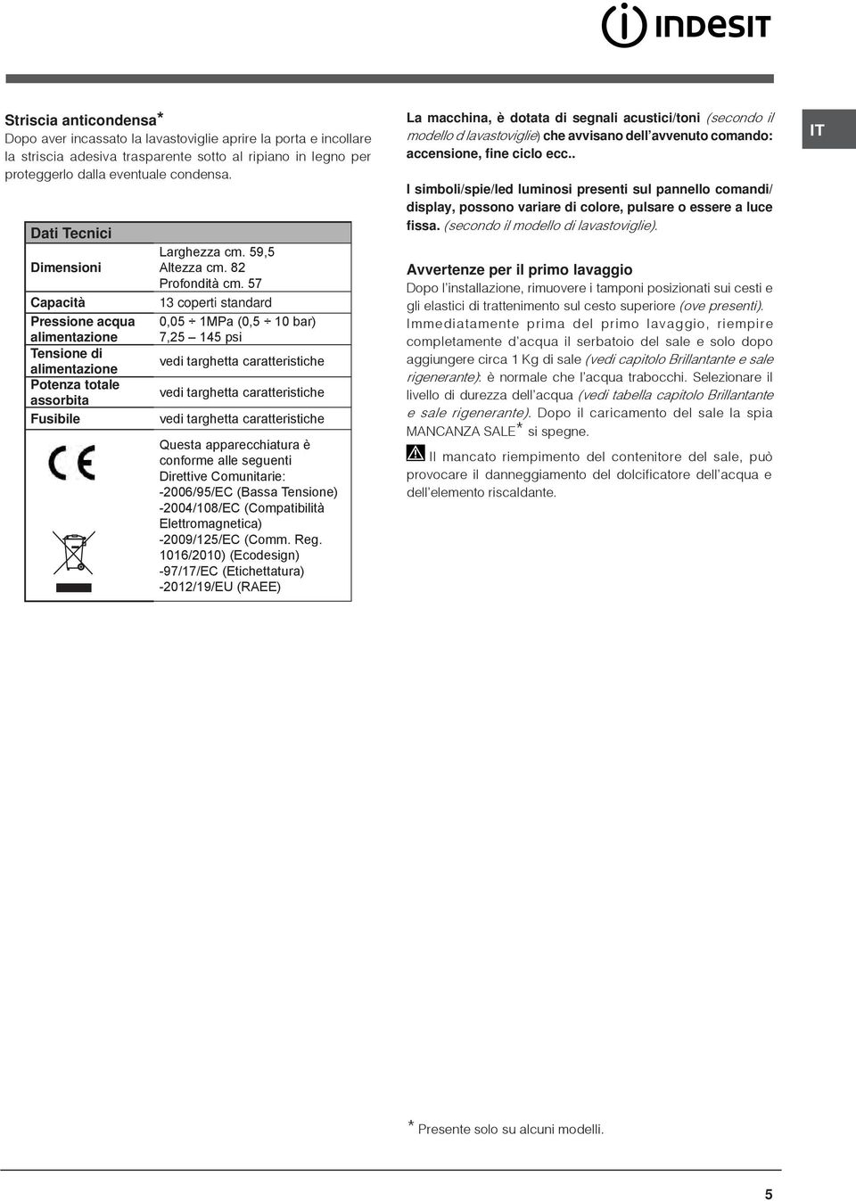 57 13 coperti standard 0,05 1MPa (0,5 10 bar) 7,25 145 psi vedi targhetta caratteristiche vedi targhetta caratteristiche vedi targhetta caratteristiche Questa apparecchiatura è conforme alle seguenti