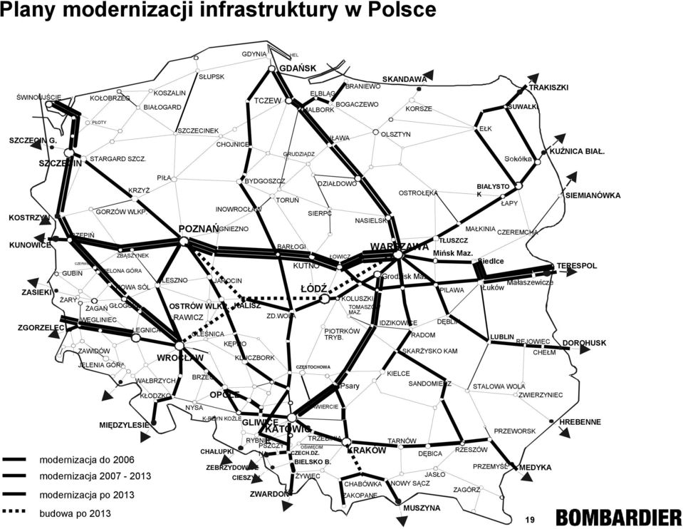 ZBĄSZYNEK ZIELONA GÓRA NOWA SÓL LEGNICA MIĘDZYLESIE modernizacja do 2006 modernizacja 2007-2013 modernizacja po 2013 budowa po 2013 PIŁA WAŁBRZYCH KŁODZKO LESZNO SZCZECINEK POZNAŃ OSTRÓW WLKP.