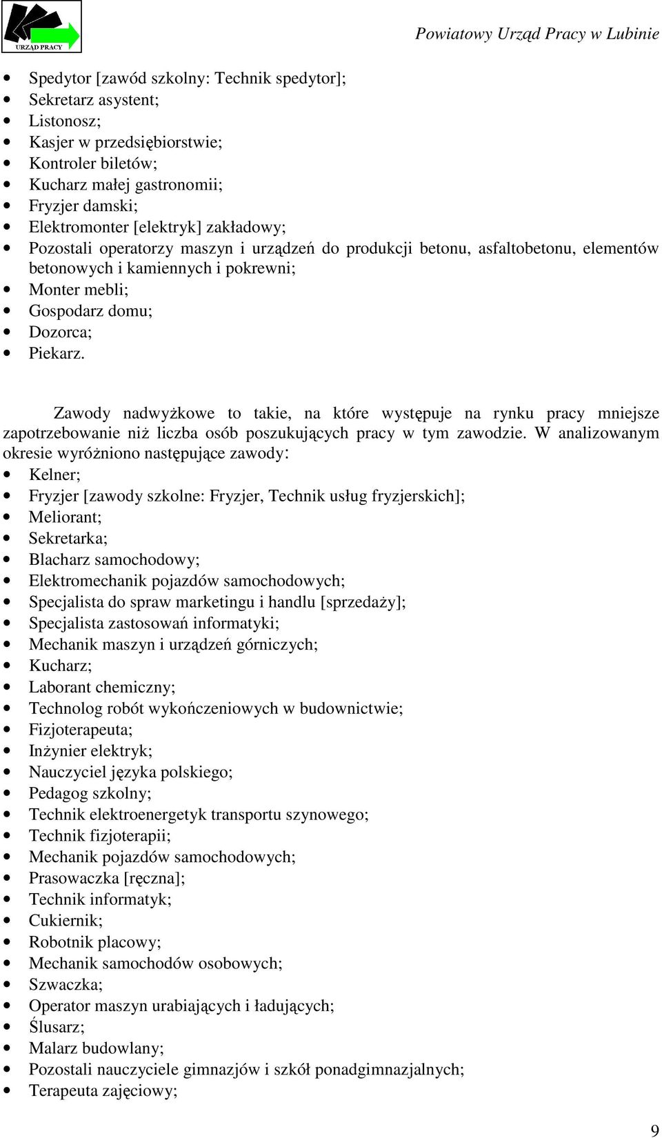 Zawody nadwyŝkowe to takie, na które występuje na rynku pracy mniejsze zapotrzebowanie niŝ liczba osób poszukujących pracy w tym zawodzie.