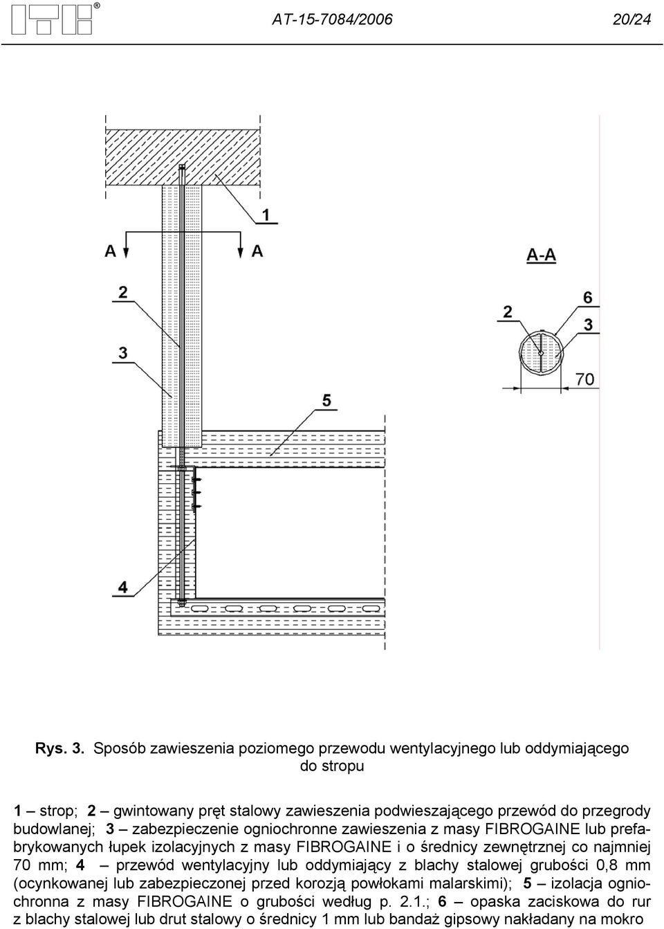 budowlanej; 3 zabezpieczenie ogniochronne zawieszenia z masy FIBROGAINE lub prefabrykowanych łupek izolacyjnych z masy FIBROGAINE i o średnicy zewnętrznej co najmniej 70 mm;