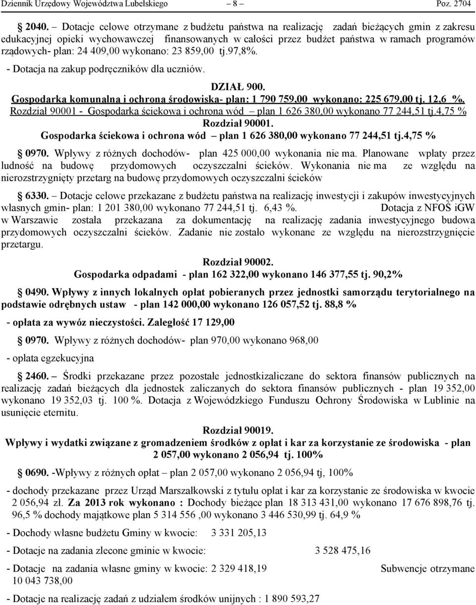 plan: 24 409,00 wykonano: 23 859,00 tj.97,8%. - Dotacja na zakup podręczników dla uczniów. DZIAŁ 900. Gospodarka komunalna i ochrona środowiska- plan: 1 790 759,00 wykonano: 225 679,00 tj. 12,6 %.
