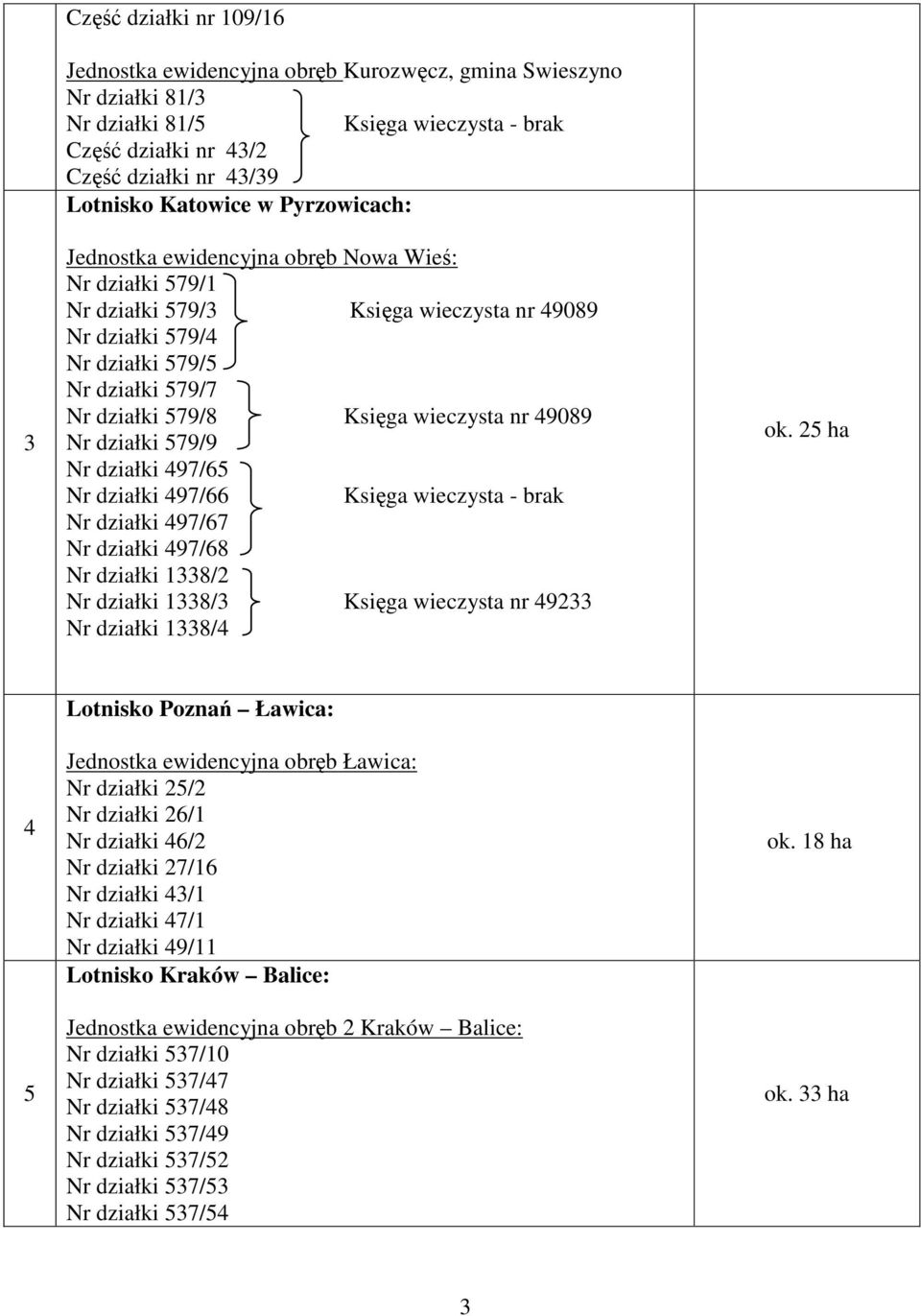 nr 49089 Nr działki 579/9 Nr działki 497/65 Nr działki 497/66 Księga wieczysta - brak Nr działki 497/67 Nr działki 497/68 Nr działki 1338/2 Nr działki 1338/3 Księga wieczysta nr 49233 Nr działki