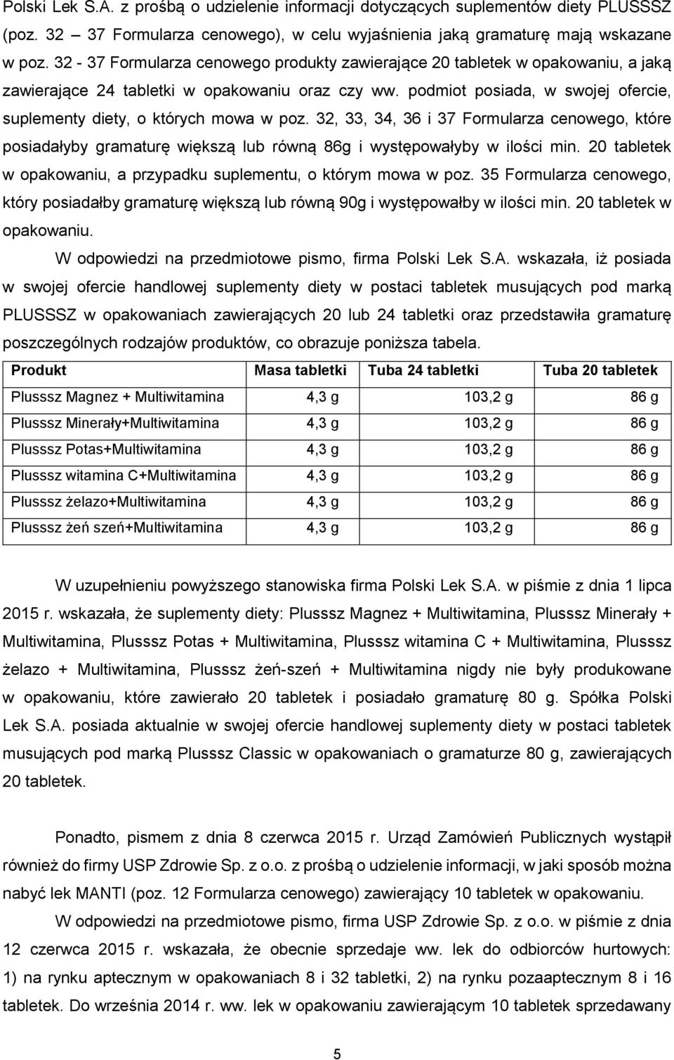 podmiot posiada, w swojej ofercie, suplementy diety, o których mowa w poz. 32, 33, 34, 36 i 37 Formularza cenowego, które posiadałyby gramaturę większą lub równą 86g i występowałyby w ilości min.
