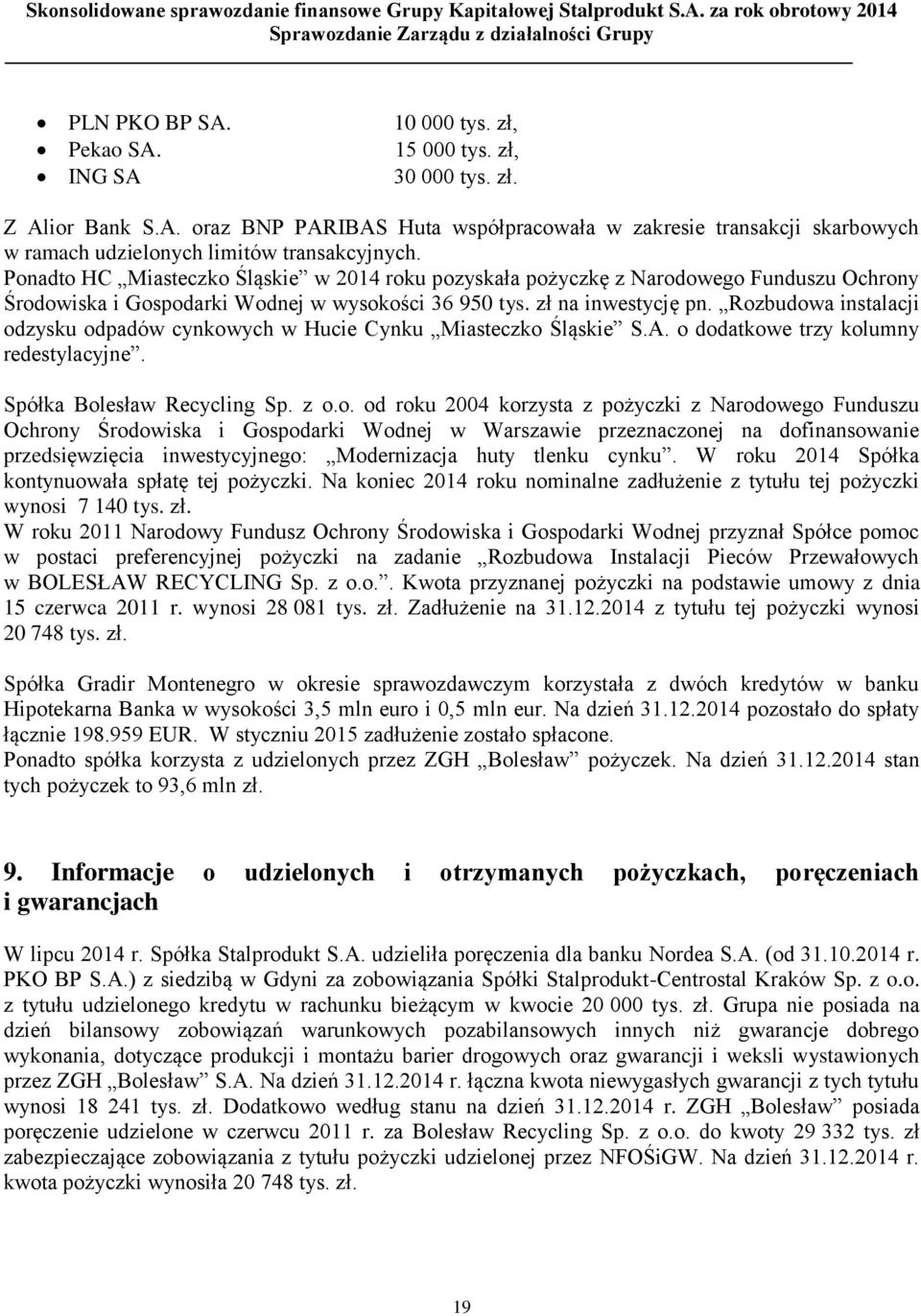 Rozbudowa instalacji odzysku odpadów cynkowych w Hucie Cynku Miasteczko Śląskie S.A. o dodatkowe trzy kolumny redestylacyjne. Spółka Bolesław Recycling Sp. z o.o. od roku 2004 korzysta z pożyczki z