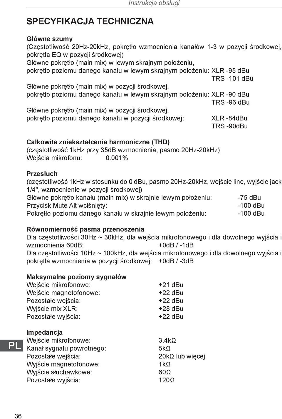 skrajnym położeniu: XLR -90 dbu TRS -96 dbu Główne pokrętło (main mix) w pozycji środkowej, pokrętło poziomu danego kanału w pozycji środkowej: Całkowite zniekształcenia harmoniczne (THD)