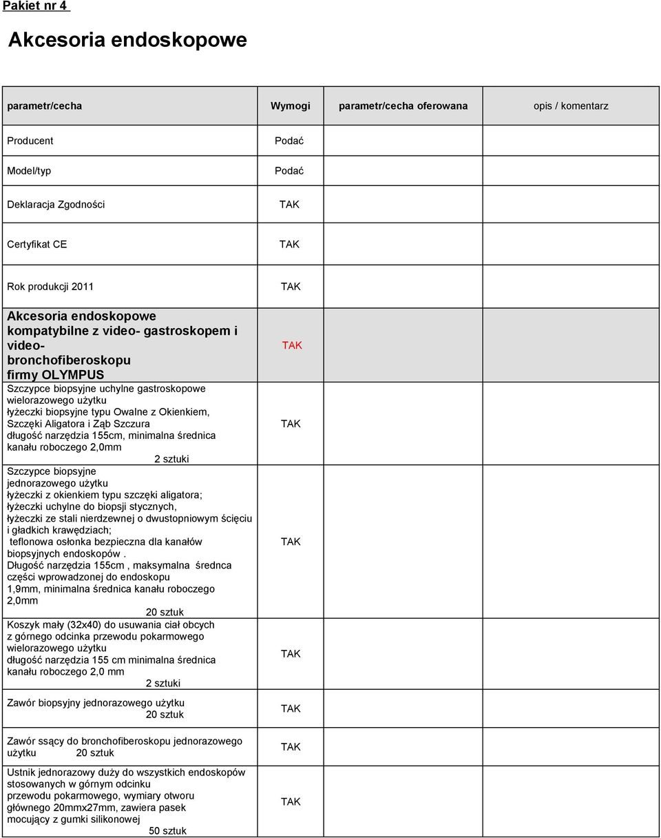 narzędzia 155cm, minimalna średnica kanału roboczego 2,0mm Szczypce biopsyjne jednorazowego użytku łyżeczki z okienkiem typu szczęki aligatora; łyżeczki uchylne do biopsji stycznych, łyżeczki ze