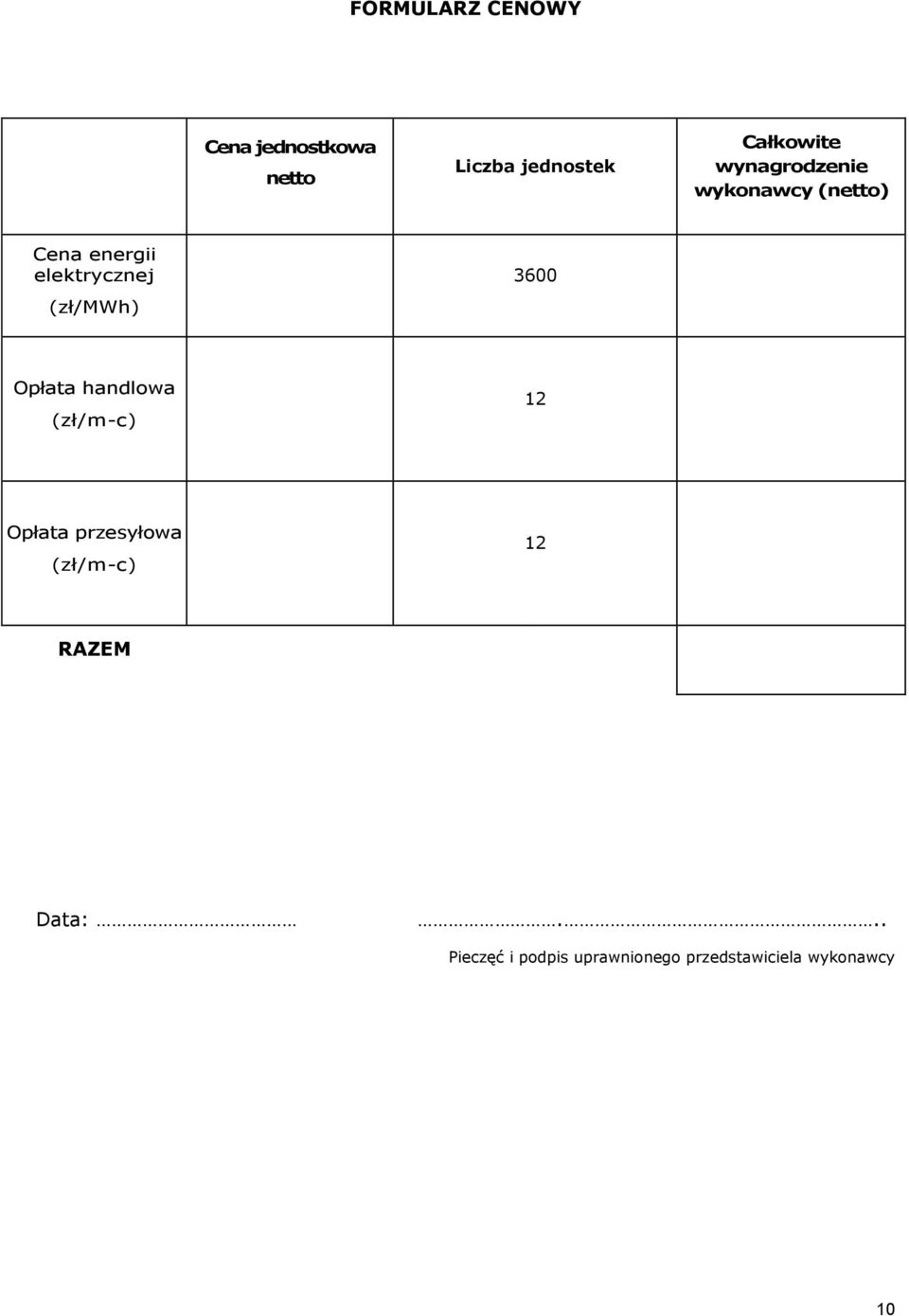 3600 Opłata handlowa (zł/m-c) 12 Opłata przesyłowa (zł/m-c) 12