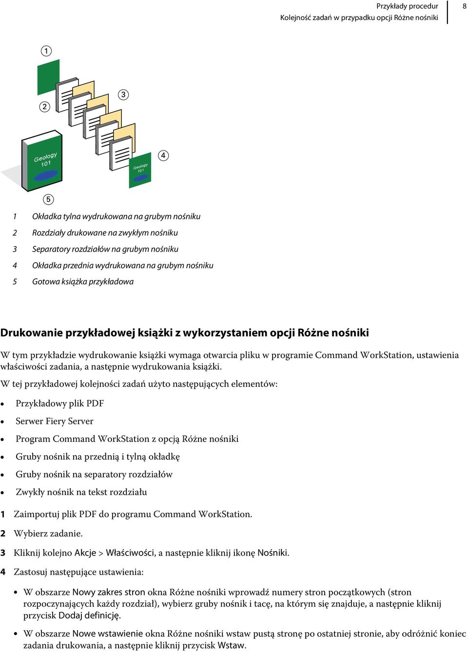 wymaga otwarcia pliku w programie Command WorkStation, ustawienia właściwości zadania, a następnie wydrukowania książki.