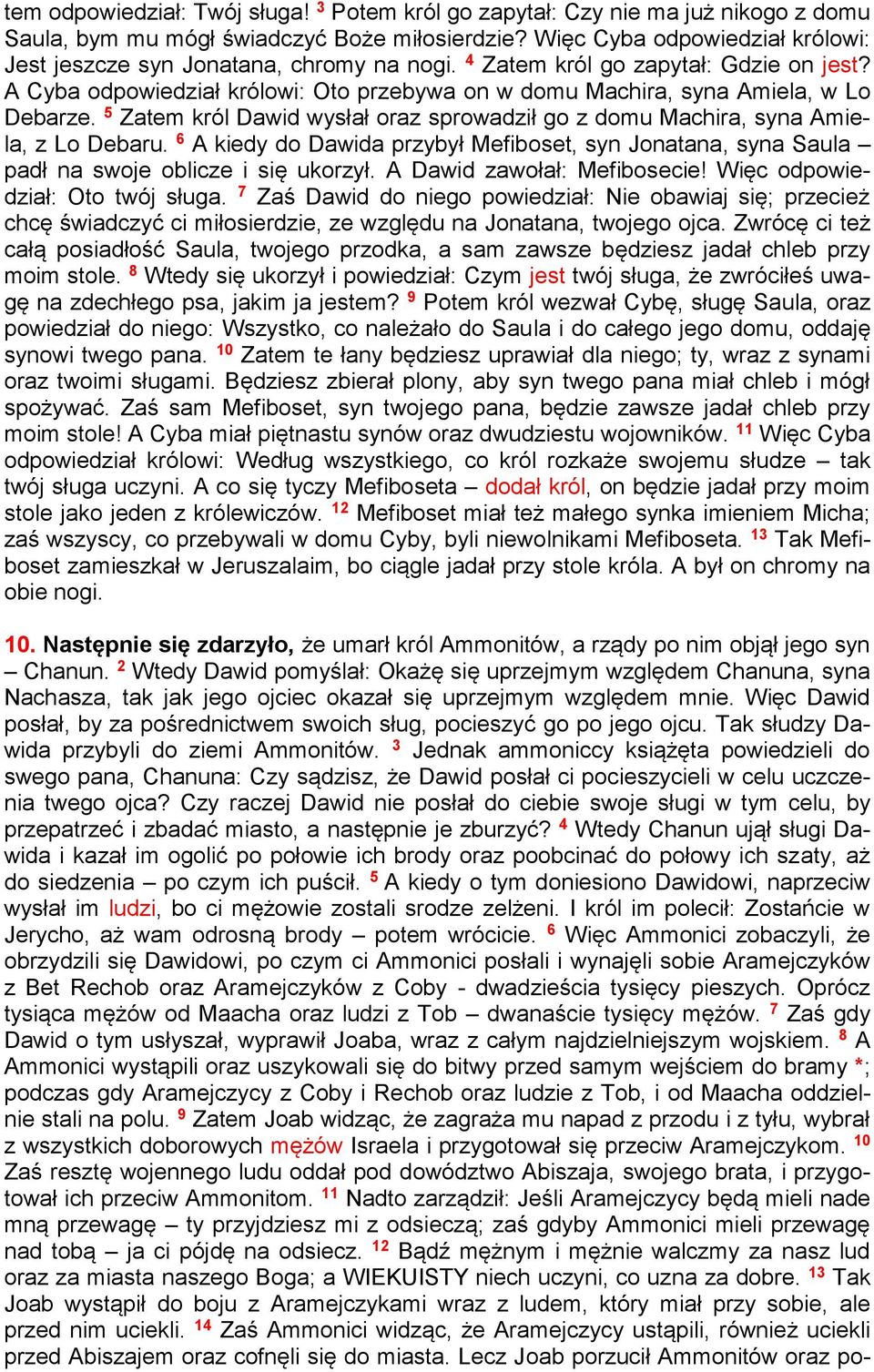 A Cyba odpowiedział królowi: Oto przebywa on w domu Machira, syna Amiela, w Lo Debarze. 5 Zatem król Dawid wysłał oraz sprowadził go z domu Machira, syna Amiela, z Lo Debaru.