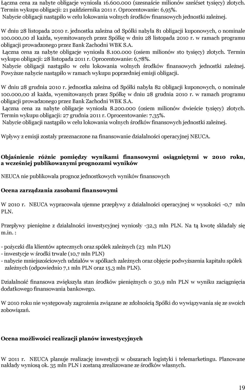 000,00 zł każda, wyemitowanych przez Spółkę w dniu 28 listopada 2010 r. w ramach programu obligacji prowadzonego przez Bank Zachodni WBK S.A. Łączna cena za nabyte obligacje wyniosła 8.100.