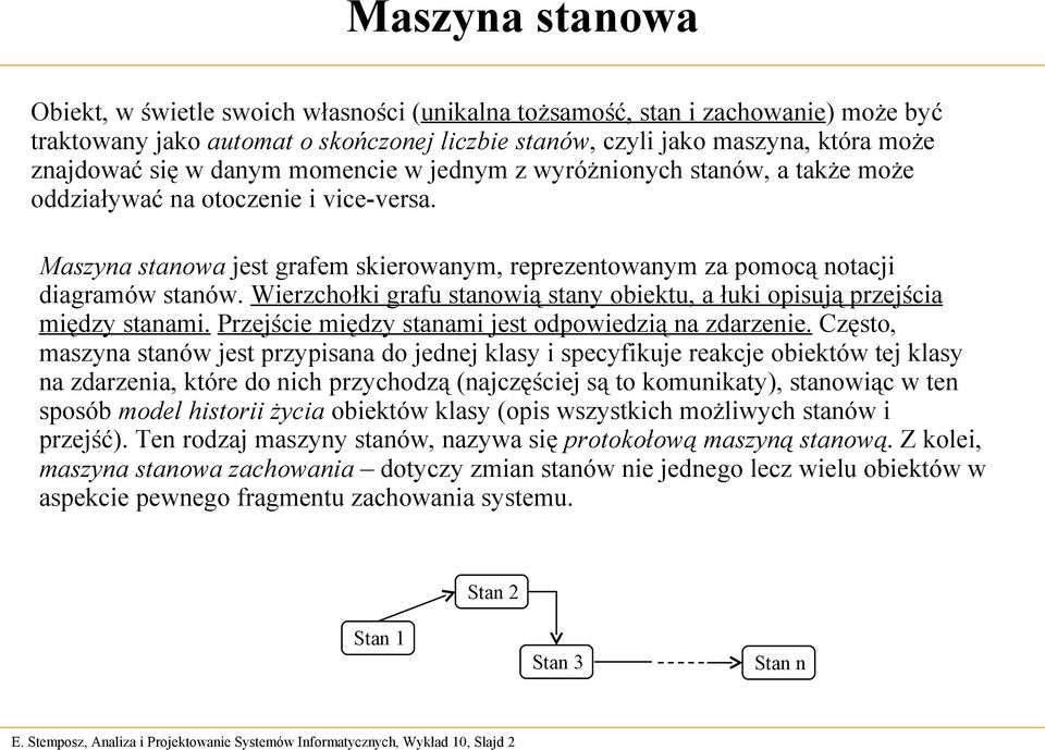 Maszyna stanowa jest grafem skierowanym, reprezentowanym za pomocą notacji diagramów stanów. Wierzchołki grafu stanowią stany obiektu, a łuki opisują przejścia między stanami.