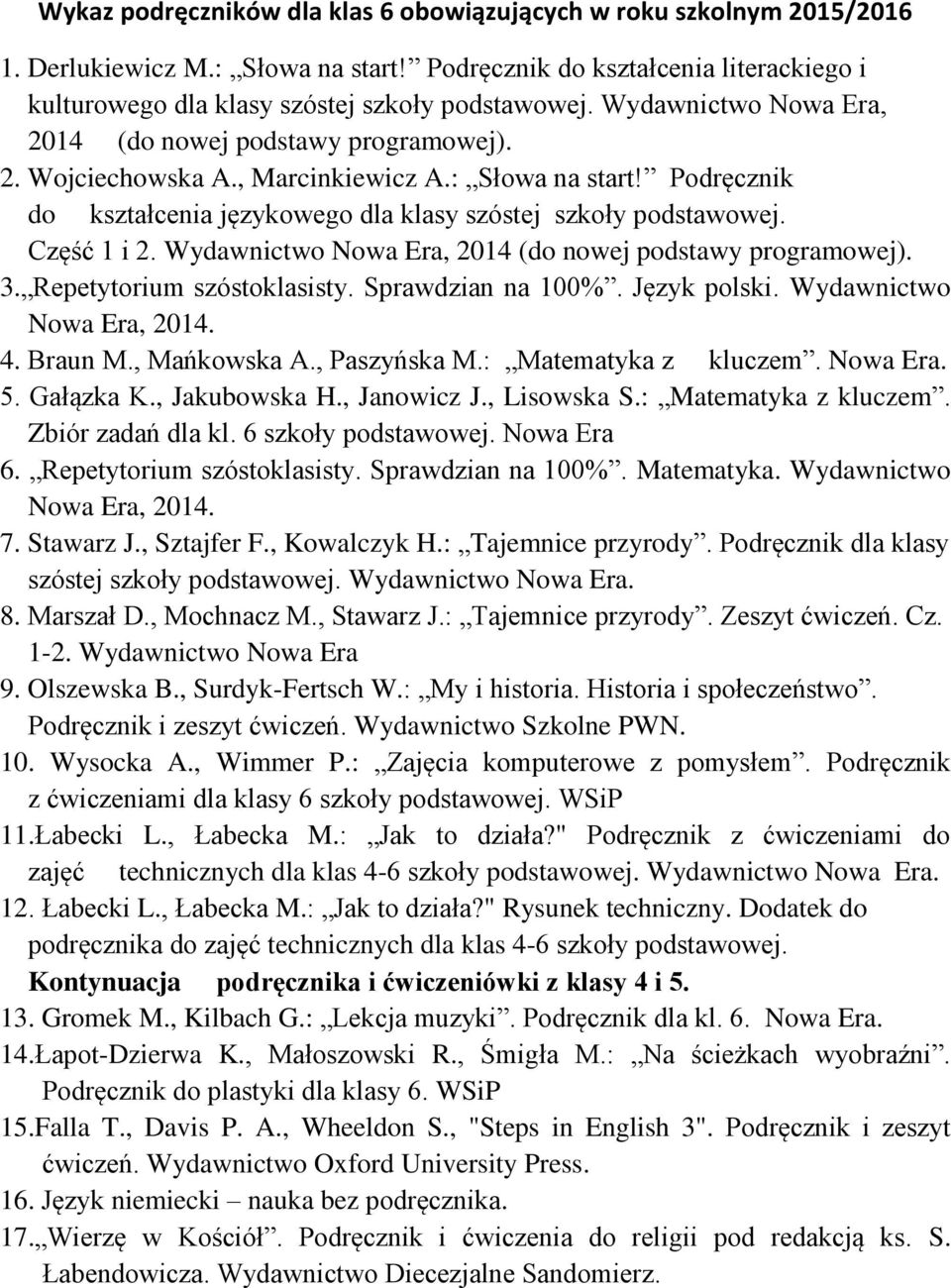 Część 1 i 2. Wydawnictwo Nowa Era, 2014 (do nowej podstawy programowej). 3. Repetytorium szóstoklasisty. Sprawdzian na 100%. Język polski. Wydawnictwo Nowa Era, 2014. 4. Braun M., Mańkowska A.