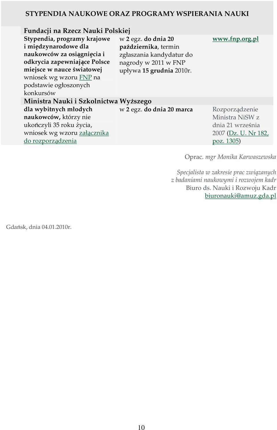 2010r. wniosek wg wzoru FNP na podstawie ogłoszonych konkursów Ministra Nauki i Szkolnictwa Wyższego dla wybitnych młodych w 2 egz.