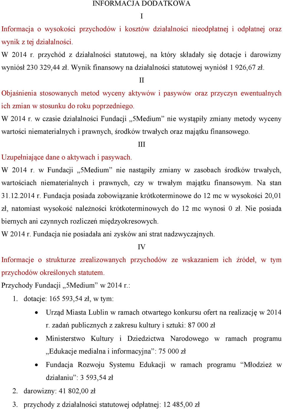 II Objaśnienia stosowanych metod wyceny aktywów i pasywów oraz przyczyn ewentualnych ich zmian w stosunku do roku poprzedniego. W 2014 r.