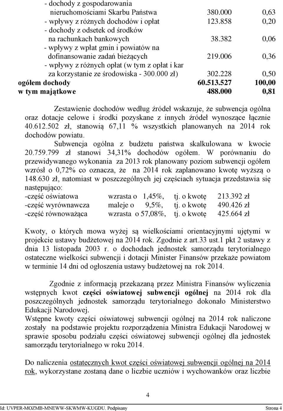 z opłat i kar za korzystanie ze środowiska - 300.000 zł) 123.858 38.382 219.006 302.228 0,20 0,06 0,36 0,50 ogółem dochody 60.513.527 10 w tym majątkowe 488.