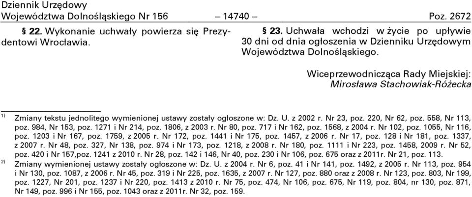 Wiceprzewodnicząca Rady Miejskiej: Mirosława Stachowiak-Różecka 1) Zmiany tekstu jednolitego wymienionej ustawy zostały ogłoszone w: Dz. U. z 2002 r. Nr 23, poz. 220, Nr 62, poz. 558, Nr 113, poz.