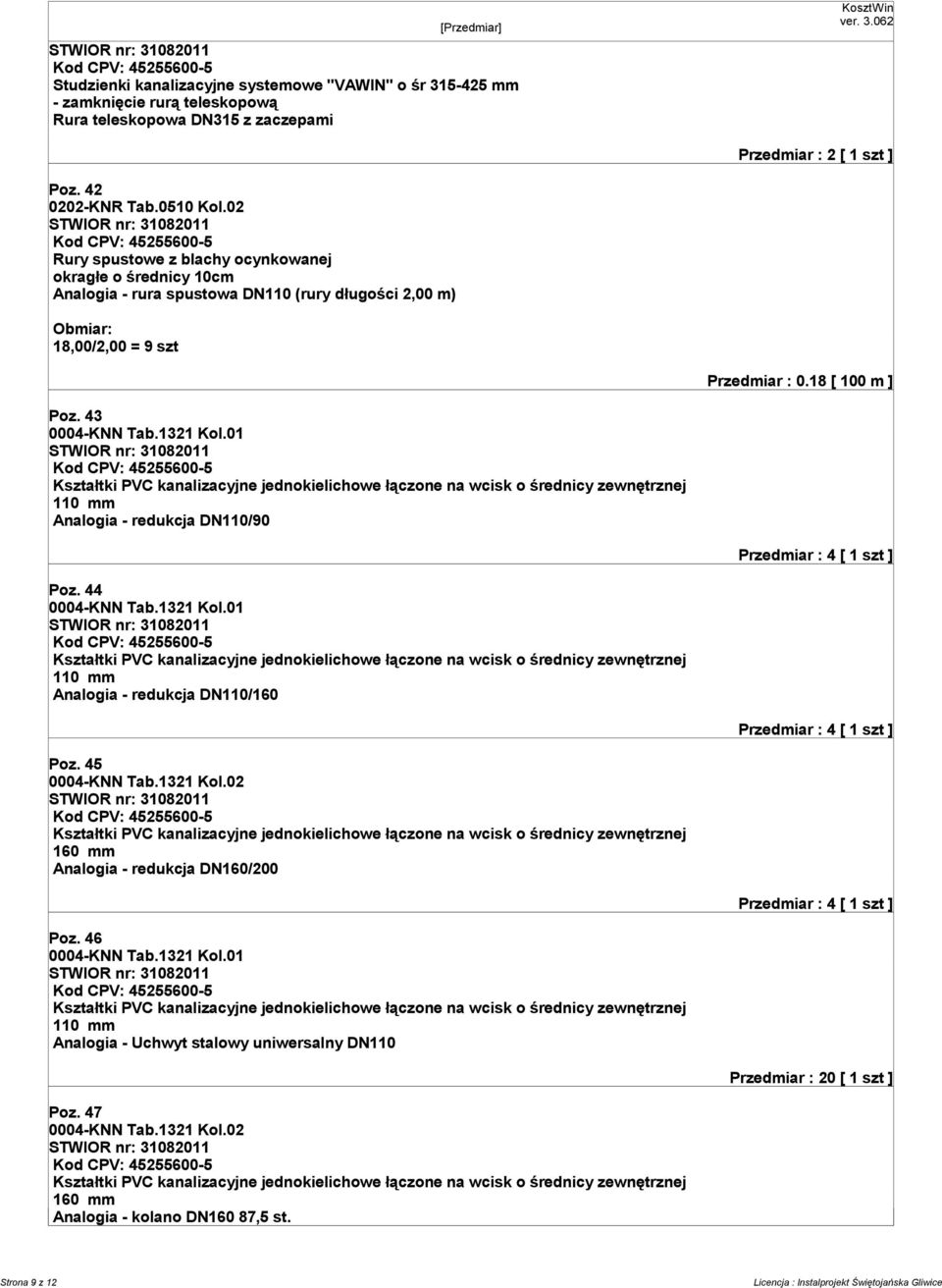 01 Kształtki PVC kanalizacyjne jednokielichowe łączone na wcisk o średnicy zewnętrznej 110 mm Analogia - redukcja DN110/90 Przedmiar : 4 [ 1 szt ] Poz. 44 0004-KNN Tab.1321 Kol.