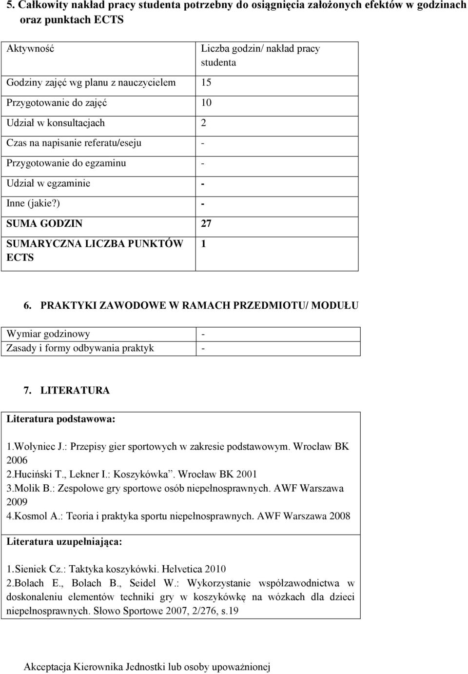 ) - SUMA GODZIN 27 Liczba godzin/ nakład pracy studenta SUMARYCZNA LICZBA PUNKTÓW ECTS 1 6. PRAKTYKI ZAWODOWE W RAMACH PRZEDMIOTU/ MODUŁU Wymiar godzinowy - Zasady i formy odbywania praktyk - 7.