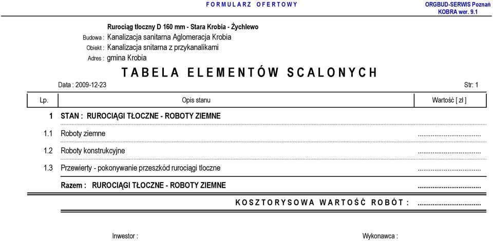 Opis stanu Wartość [ zł ] 1 STAN : RUROCIĄGI TŁOCZNE - ROBOTY ZIEMNE 1.1 Roboty ziemne... 1.2 Roboty konstrukcyjne... 1.3 Przewierty - pokonywanie przeszkód rurociągi tloczne.