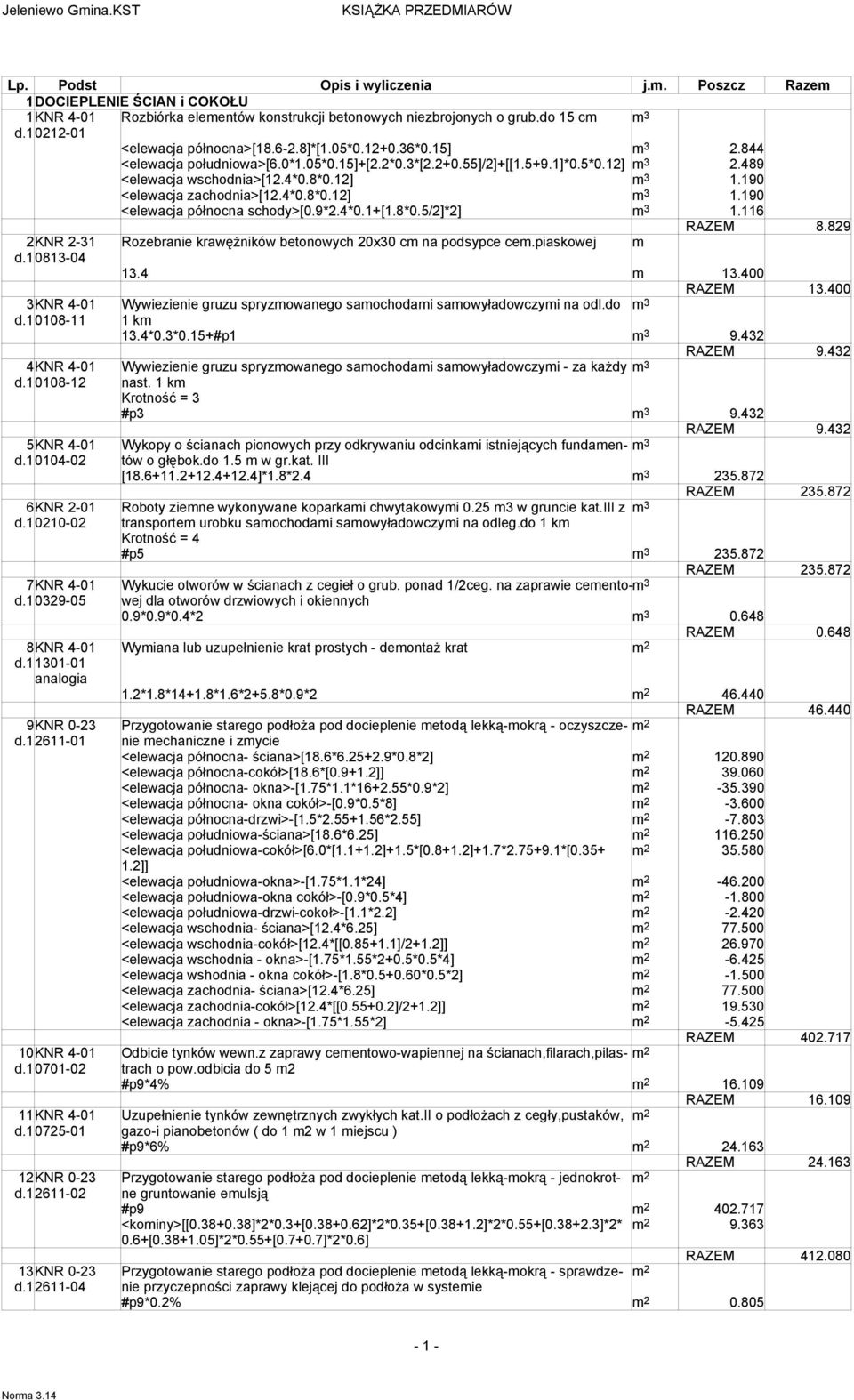 190 <elewacja zachodnia>[12.4*0.8*0.12] 3 1.190 <elewacja północna schody>[0.9*2.4*0.1+[1.8*0.5/2]*2] 3 1.116 RAZEM 8.829 2KNR 2-31 Rozebranie krawężników betonowych 20x30 c na podsypce ce.