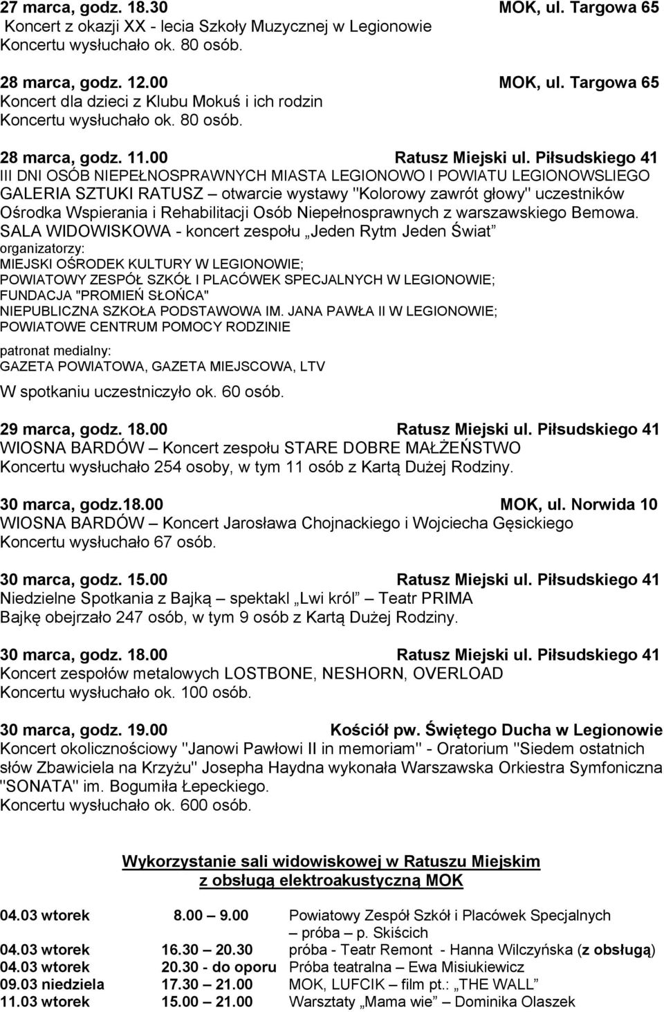 Piłsudskiego 41 III DNI OSÓB NIEPEŁNOSPRAWNYCH MIASTA LEGIONOWO I POWIATU LEGIONOWSLIEGO GALERIA SZTUKI RATUSZ otwarcie wystawy "Kolorowy zawrót głowy" uczestników Ośrodka Wspierania i Rehabilitacji