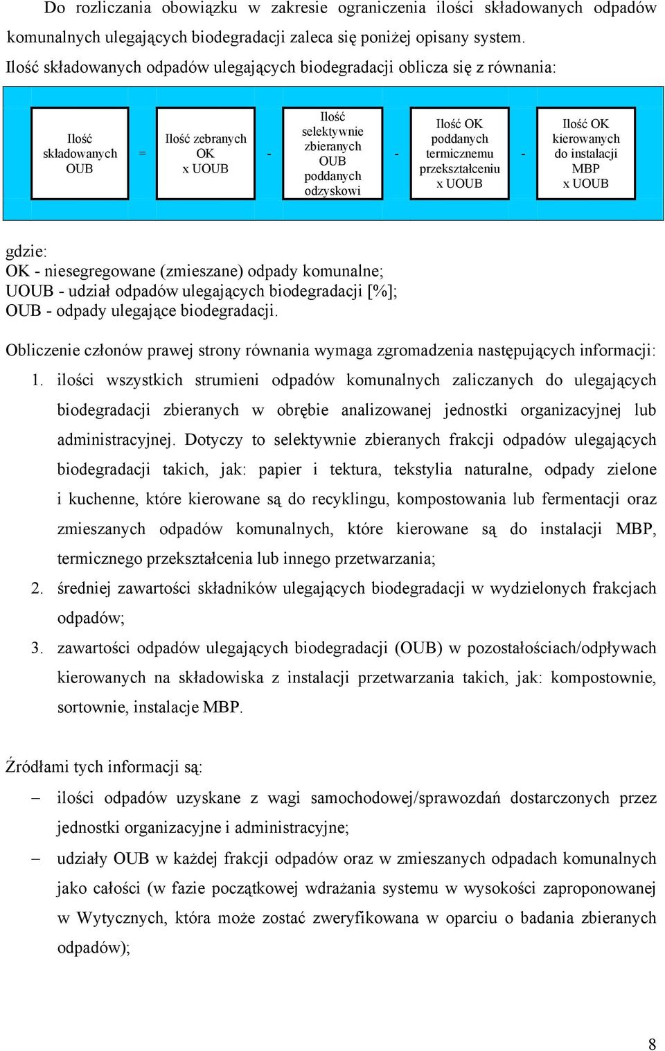 termcznemu przekształcenu x UOUB - Ilość OK kerowanych do nstalacj MBP x UOUB gdze: OK - nesegregowane (zmeszane) odpady komunalne; UOUB - udzał odpadów ulegających bodegradacj [%]; OUB - odpady