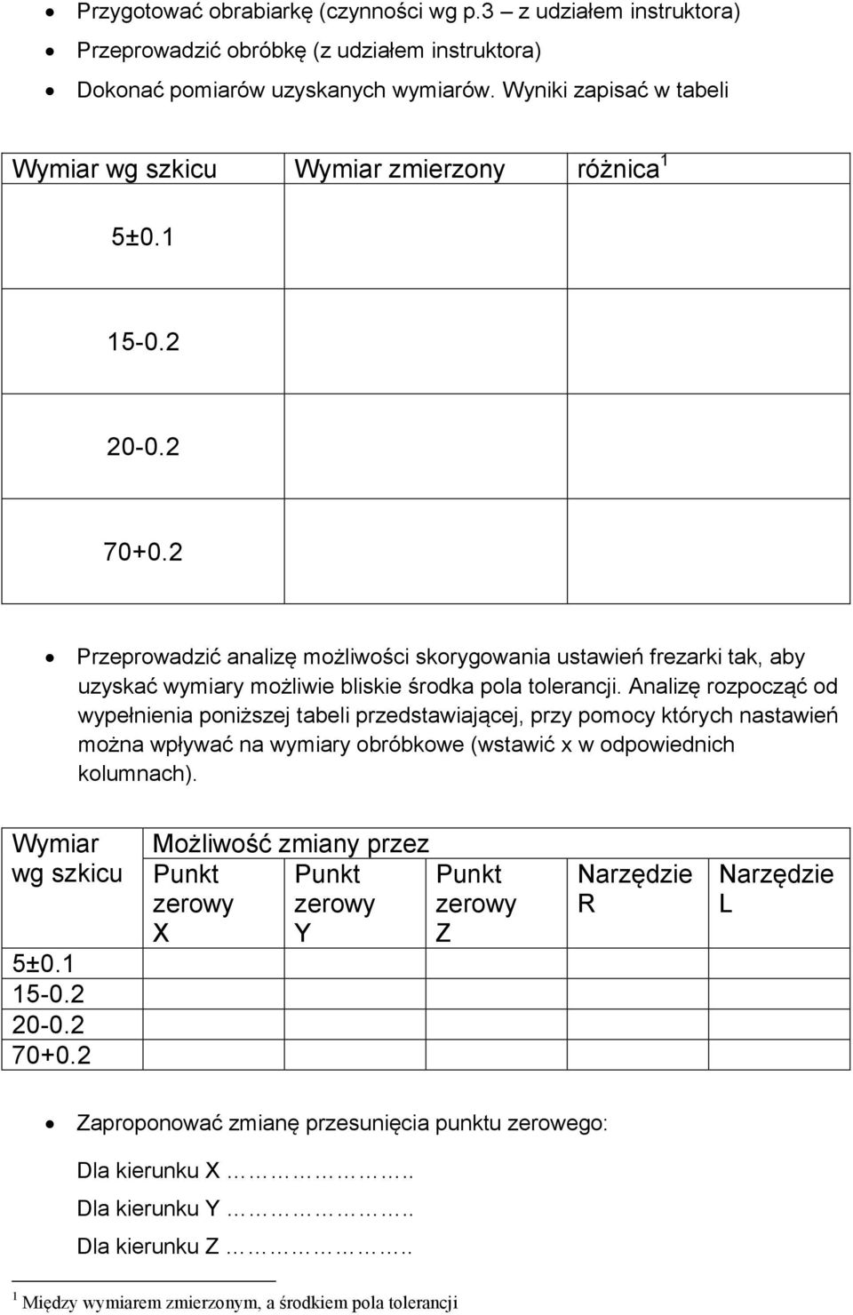 2 Przeprowadzić analizę możliwości skorygowania ustawień frezarki tak, aby uzyskać wymiary możliwie bliskie środka pola tolerancji.