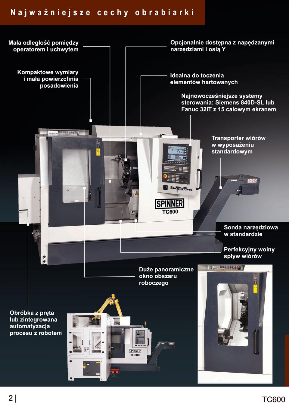 sterowania: Siemens 840D-SL lub Fanuc 32iT z 1 5 calowym ekranem Transporter wiórów w wyposażeniu standardowym Sonda narzędziowa w