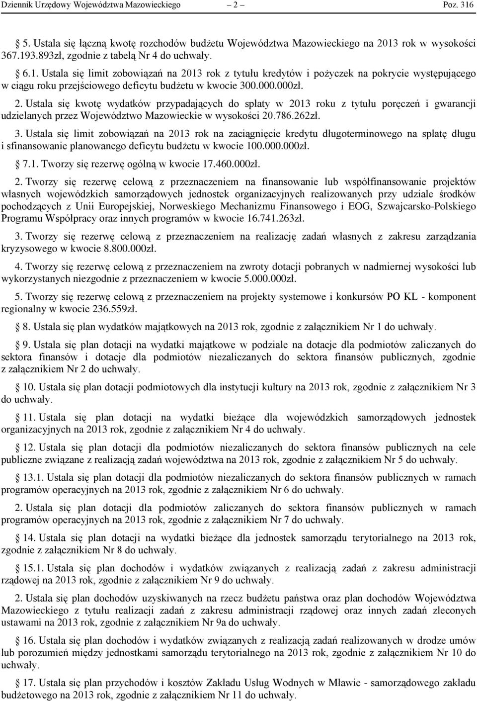 786.262zł. 3. Ustala się limit zobowiązań na 2013 rok na zaciągnięcie kredytu długoterminowego na spłatę długu i sfinansowanie planowanego deficytu budżetu w kwocie 100.000.000zł. 7.1. Tworzy się rezerwę ogólną w kwocie 17.