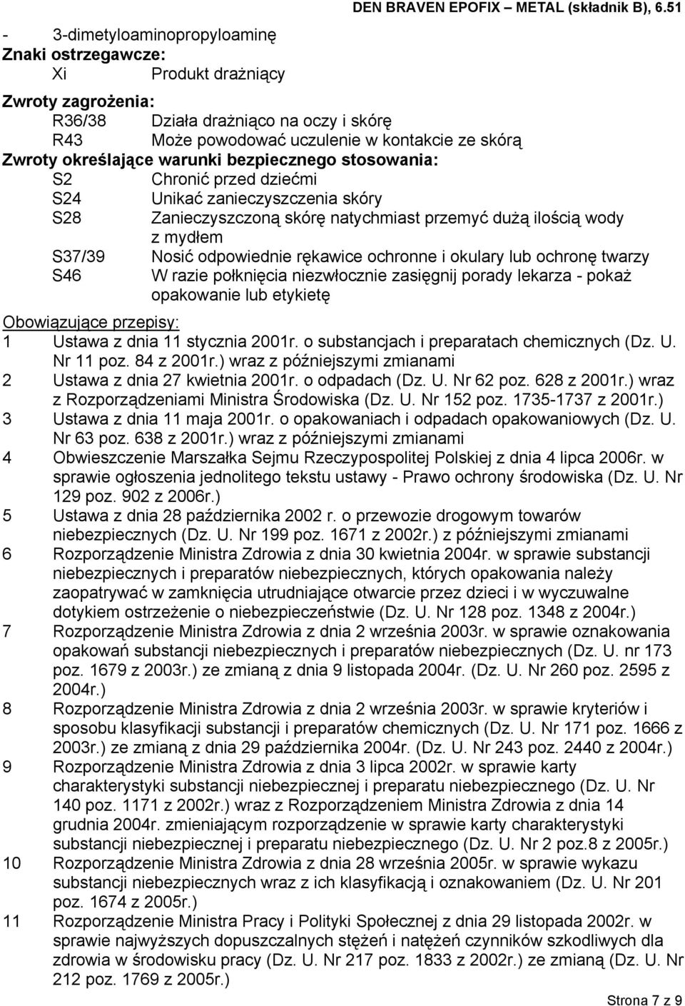 zanieczyszczenia skóry S28 Zanieczyszczoną skórę natychmiast przemyć dużą ilością wody z mydłem S37/39 Nosić odpowiednie rękawice ochronne i okulary lub ochronę twarzy S46 W razie połknięcia