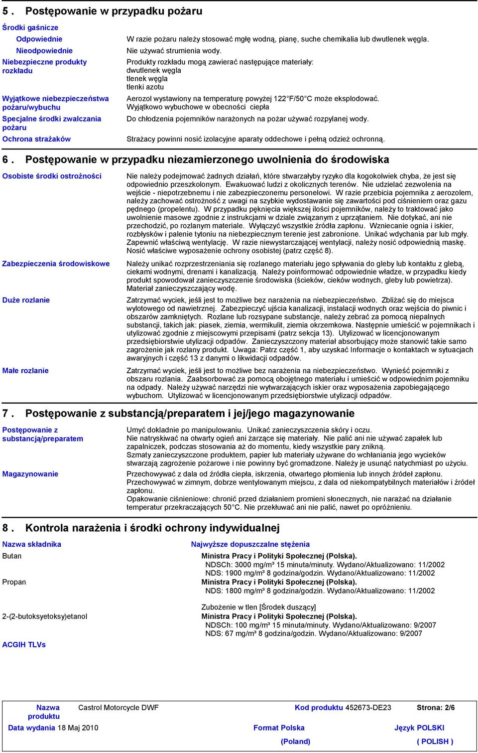 Produkty rozkładu mogą zawierać następujące materiały: dwutlenek węgla tlenek węgla tlenki azotu Aerozol wystawiony na temperaturę powyżej 1 F/50 C może eksplodować.