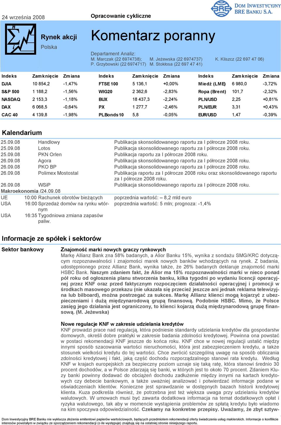 Stokłosa (22 697 47 41) Indeks Zamknięcie Zmiana Indeks Zamknięcie Zmiana Indeks Zamknięcie Zmiana DJIA 10 854,2-1,47% FTSE 100 5 136,1 +0,00% Miedź (LME) 6 980,0-3,72% S&P 500 1 188,2-1,56% WIG20 2