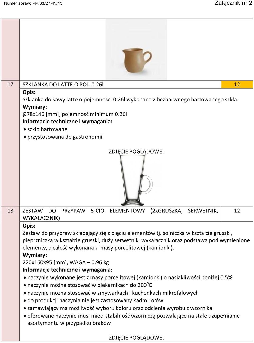 26l szkło hartowane przystosowana do gastronomii 18 ZESTAW DO PRZYPAW 5-CIO ELEMENTOWY (2xGRUSZKA, SERWETNIK, 12 WYKAŁACZNIK) Zestaw do