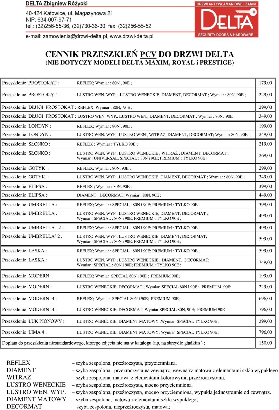 WYP., LUSTRO WEN., WITRAŻ, DIAMENT, DECORMAT; Wymiar: 80N, 90E ; 249,00 Przeszklenie SŁONKO : REFLEX ; Wymiar : TYLKO 90E ; 219,00 Przeszklenie SŁONKO : LUSTRO WEN. WYP.